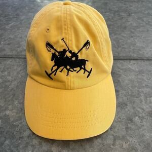 Vintage Polo Ralph Lauren Big Logo Pony Hat Yellow Black Leather Strap 90s Y2K